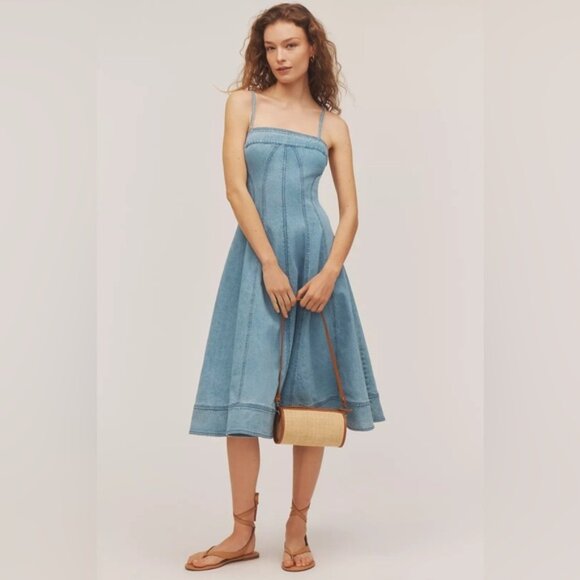 NWT Anthropologie Pilcro Square-Neck Seamed Chambray Midi Dress XS‎ - Picture 1 of 9